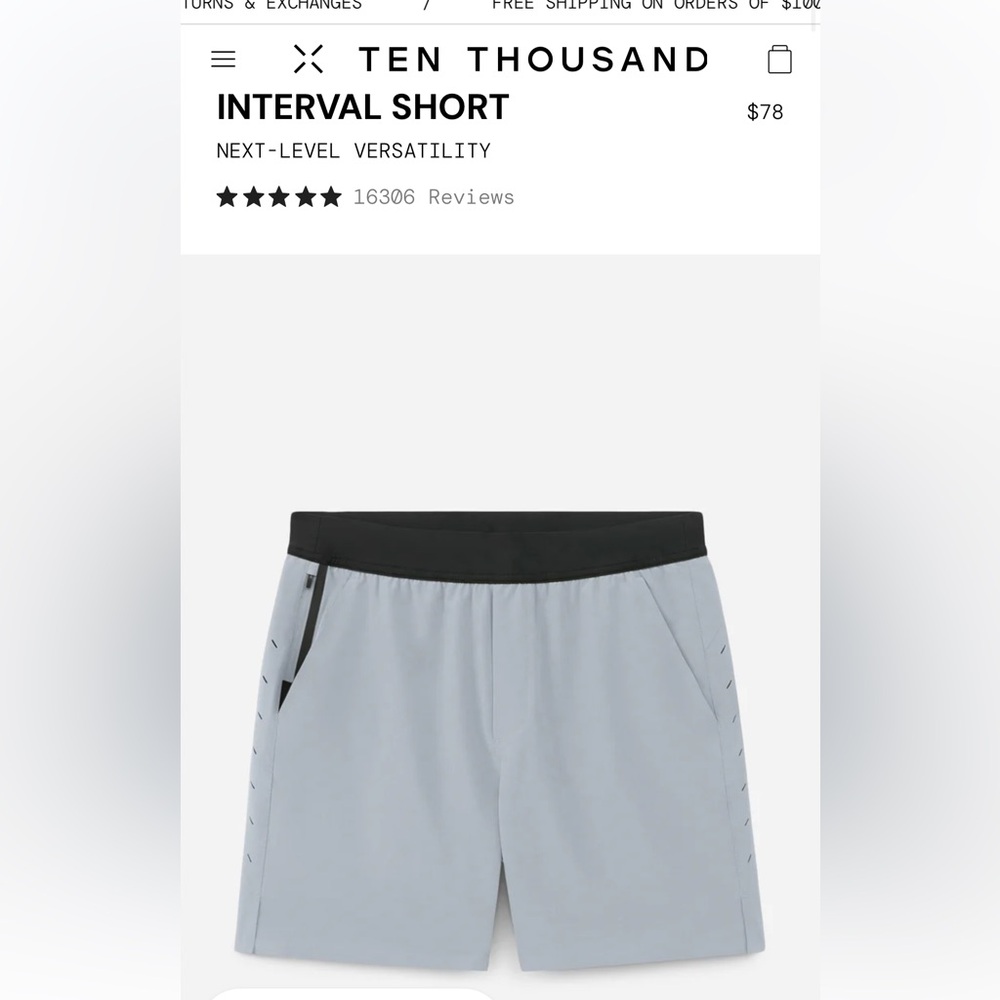 TEN THOUSAND men’s interval short, NO liner, 7 inch medium, gray